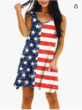 Women 4th of July Patriotic Sleeveless Dress V Neck Tank Sundress Pockets XL